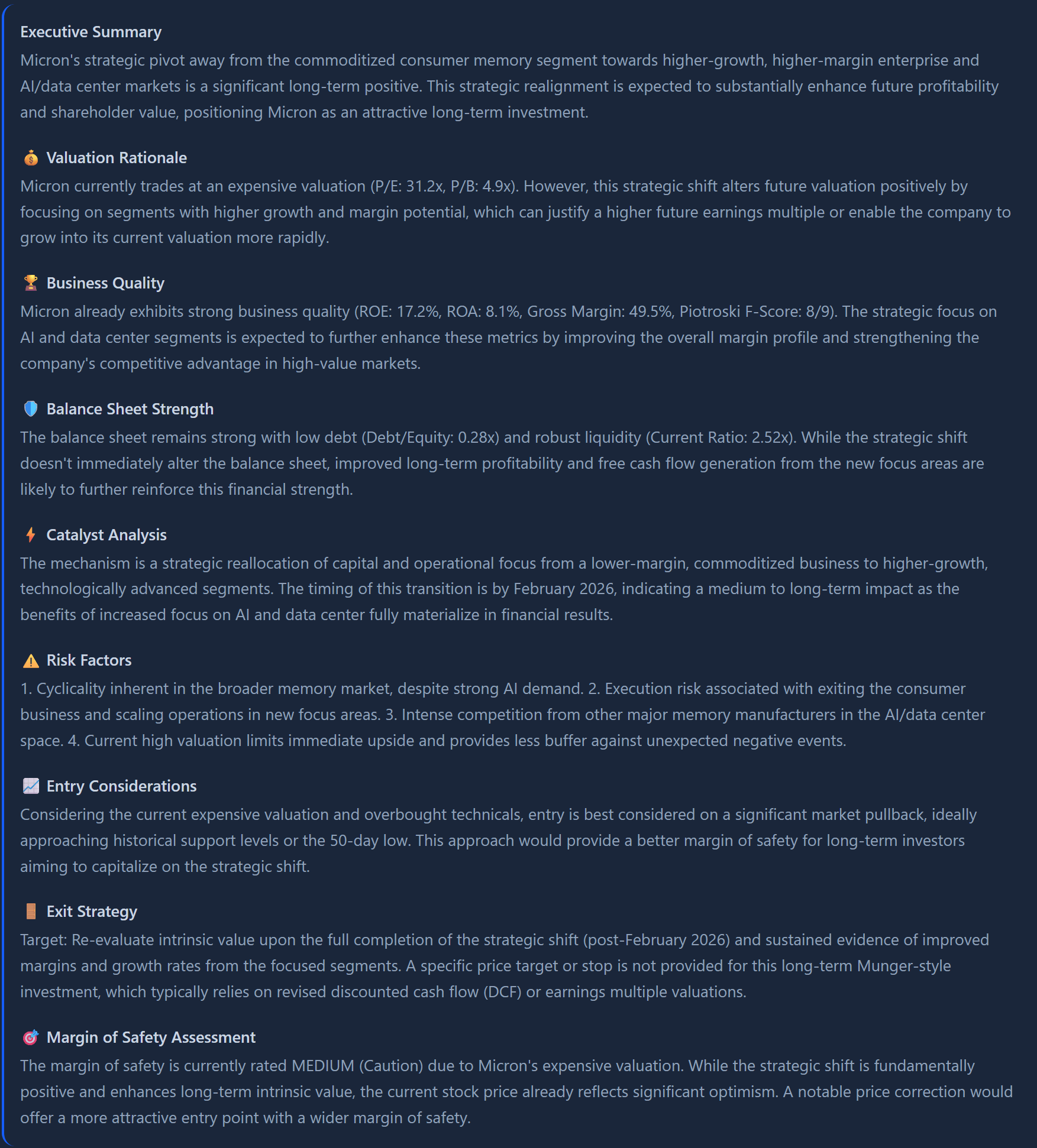 Bekodia Investment Thesis showing comprehensive analysis with valuation rationale, business quality, risk factors, and entry/exit considerations